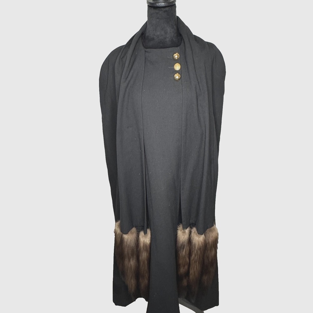 George Simonton Coat Womens Small Black Fur Tails Trim Full Length Cape USA